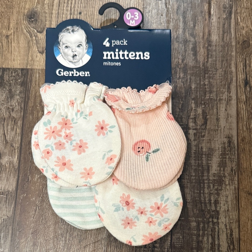 Gerber Floral Baby Mittens - Pink, Cream, and Green